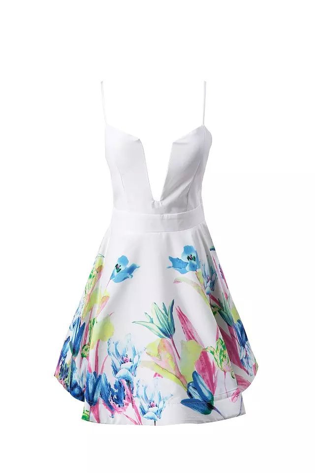 F2437 White Plunge Spaghetti Strap Floral Backless Skater Dress